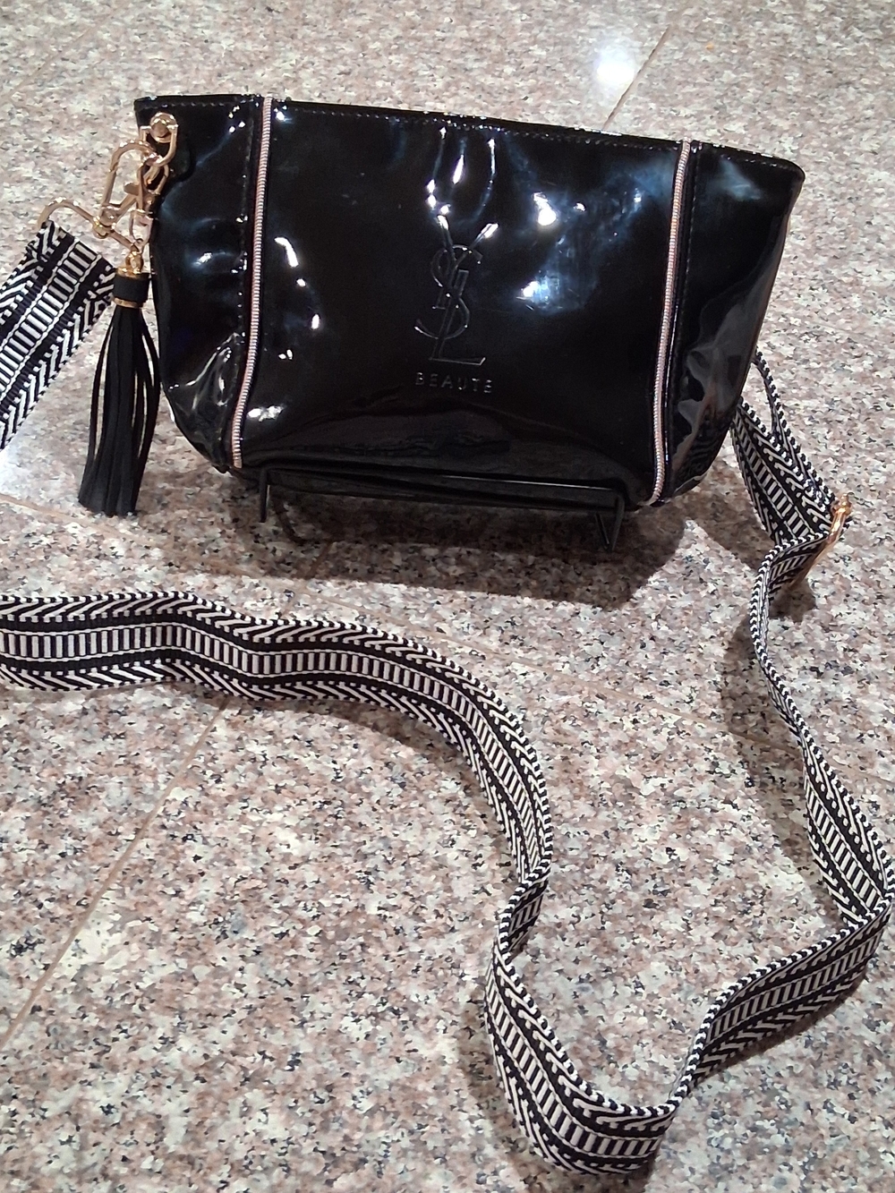 Yves Saint Laurent GWP Black Faux Patent Crossbody Bag with Tassel.New